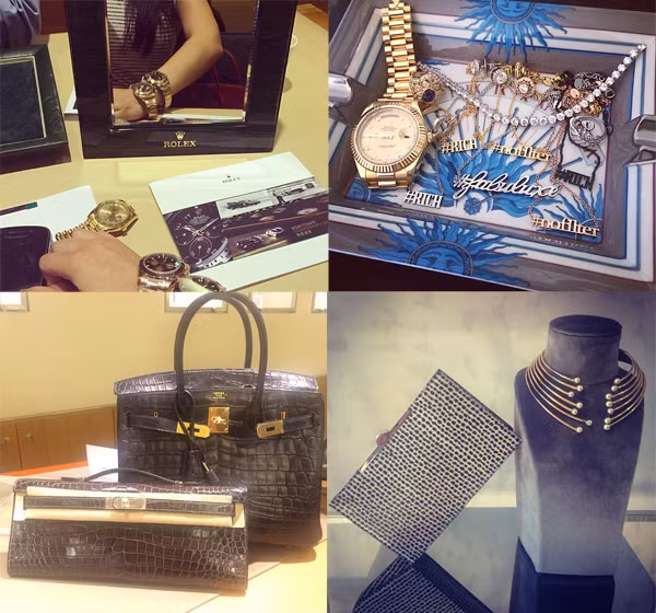 Ái nữ tỷ phú này liên tục trưng những món đồ xa xỉ mới mua sắm được trên mạng xã hội. Quần áo thuộc những nhà mốt hàng đầu, đồng hồ, trang sức và giầy dép luôn ở những mức giá cao ngất.