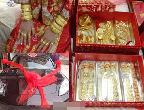 Ngoài số vàng được đeo kín người, cô dâu còn được nhận quà cưới và của hồi môn là những hộp đựng rất nhiều vàng và chiếc xe sang trọng