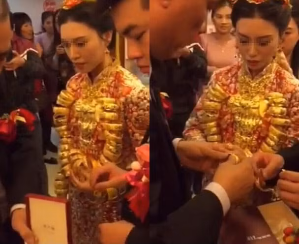 Cuối tháng 12/2015, cư dân mạng Trung Quốc chia sẻ những bức hình tại một đám cưới “ngàn vàng” ở tỉnh Quảng Đông, cô dâu đeo rất nhiều trang sức trong ngày cưới, các vòng vàng cỡ lớn được xâu thành chuỗi rất đặc biệt.