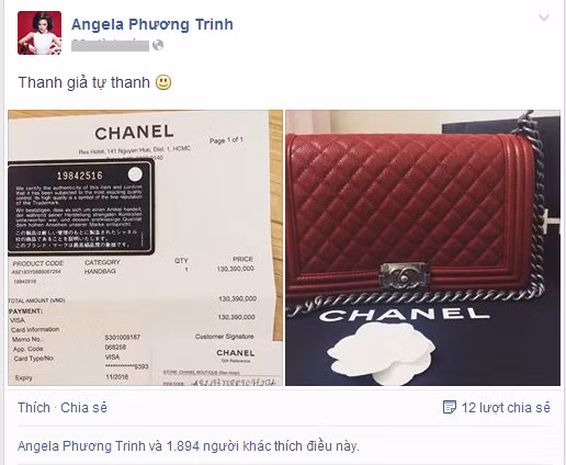 Để phản bác lời vu khống hàng nhái của tín đồ thời trang, Angela Phương Trinh đăng cả hóa đơn có ghi giá của chiếc túi hiệu Chanel 130 triệu đồng.