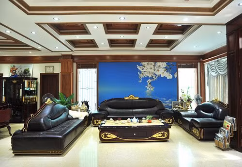 Phòng khách nhà ca sĩ Trang Nhung với cách bài trí sang trọng không khác gì biệt thự xa hoa của các ngôi sao Hollywood. Căn phòng được trang bị bộ bàn ghế sofa to lớn với những hoa văn cầu kỳ và trên trần nhà còn lắp hệ thống đèn, tỏa ánh sáng dịu nhẹ cho toàn bộ căn phòng.