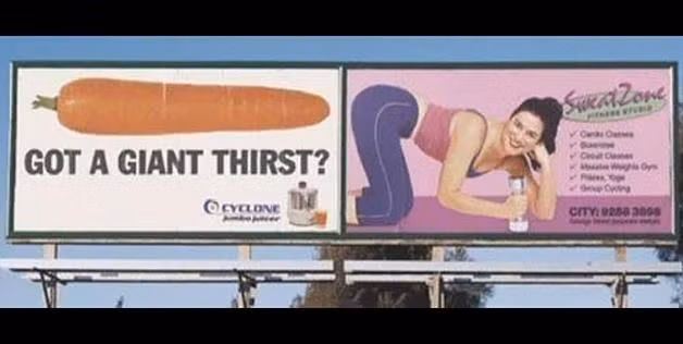 Hai tấm biển quảng cáo nhạy cảm vô tình đặt cạnh nhau khiến nhiều người liên tưởng.