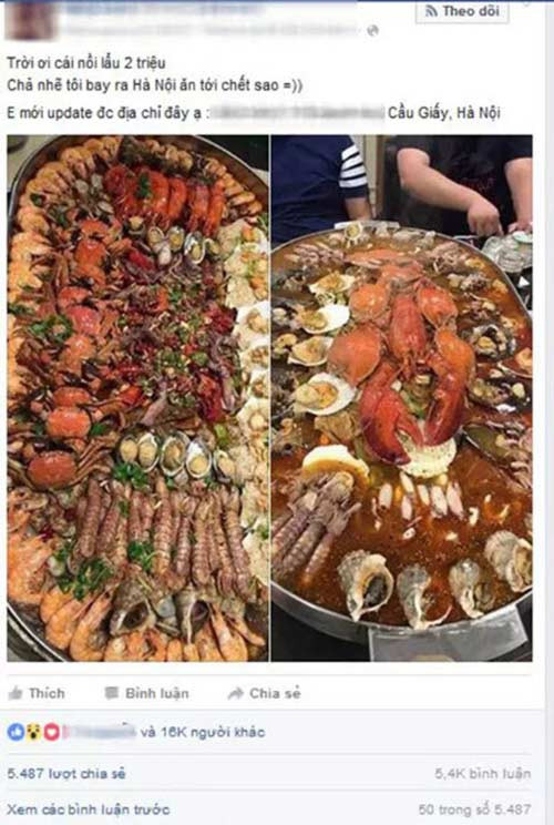 Gần đây, nhiều cư dân mạng "ứa nước miếng" trước màn quảng cáo lẩu hải sản 2 triệu của một nhà hàng ở Cầu Giấy (Hà Nội). Theo tìm hiểu, bữa tiệc nhà hàng "khủng" gây xôn xao dân mạng này là của một nhà hàng đồ Thái mới mở được khoảng vài tháng gần đây, toạ lạc tại khu vực phố Quan Hoa, Cầu Giấy, Hà Nội.