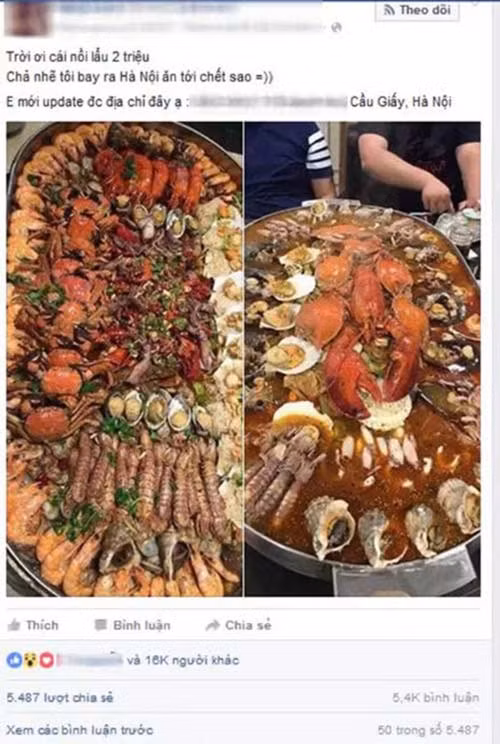 Gần đây, nhiều cư dân mạng "ứa nước miếng" trước màn quảng cáo lẩu hải sản 2 triệu của một nhà hàng ở Cầu Giấy (Hà Nội). Theo tìm hiểu, bữa tiệc nhà hàng "khủng" gây xôn xao dân mạng này là của một nhà hàng đồ Thái mới mở được khoảng vài tháng gần đây, toạ lạc tại khu vực phố Quan Hoa, Cầu Giấy, Hà Nội.