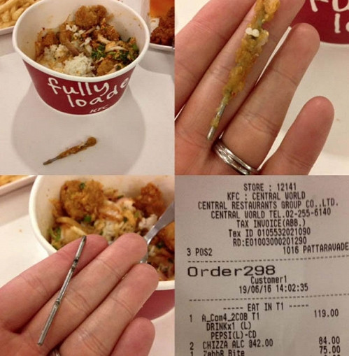 Khi đang ăn, bất ngờ anh ta phát hiện có gì đó rất cứng và lạ trong miệng và nhanh chóng nhỏ nó ra. Anh đã thực sự sốc khi biết đó là một miếng kim loại, giống như một chiếc đinh trong món ăn khoái khẩu của mình. Ngay sau đó, người đàn ông này đã khiếu nại trên trang web chính thức của KFC Thailand.