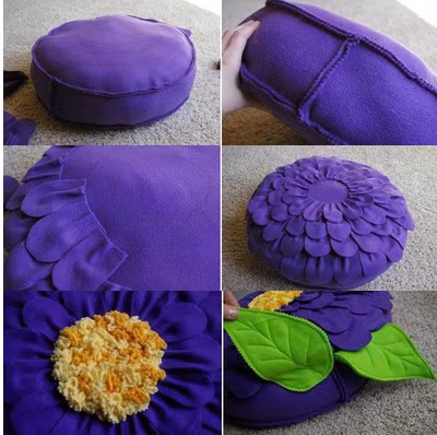 Đầu tiên, cắt vải dạ màu tím thành 2 tấm hình tròn, kích thước hình tròn tùy thuộc vào kích thước chiếc gối. Cắt vải dạ tím thành một tấm hình chữ nhật có chiều rộng bằng chiều cao gối và chiều dài bằng với chu vi hình tròn + 2cm đường chỉ khâu. Khâu ráp 2 hình tròn với tấm vải hình chữ nhật, chừa trống một đoạn để nhồi bông vào bên trong rồi khâu kín.