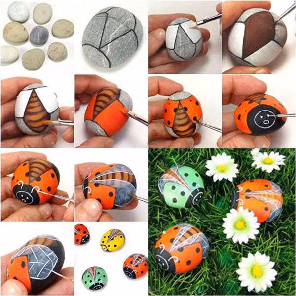 Vẽ bọ cánh cam trang trí vườn từ những viên đá sỏi.