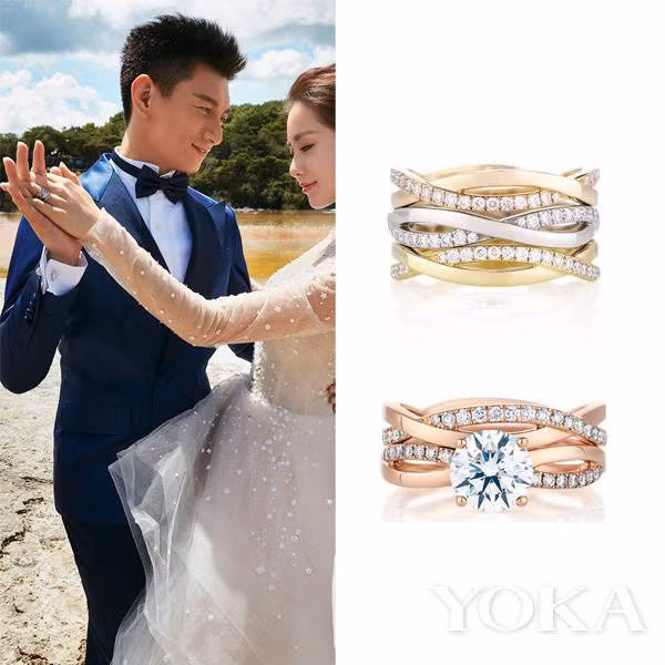 Trong bộ ảnh cưới, cặp đôi đeo chiếc nhẫn mang tên vĩnh cửu nằm trong series nhẫn Infinity của hãng De Beers, trọng lượng 1.08 carat, trị giá 14 vạn NDT. Ảnh: Yoka.