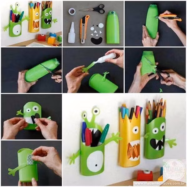 Vật dụng từ chai nhựa dễ thương là những chiếc hộp bút cho trẻ nhỏ.