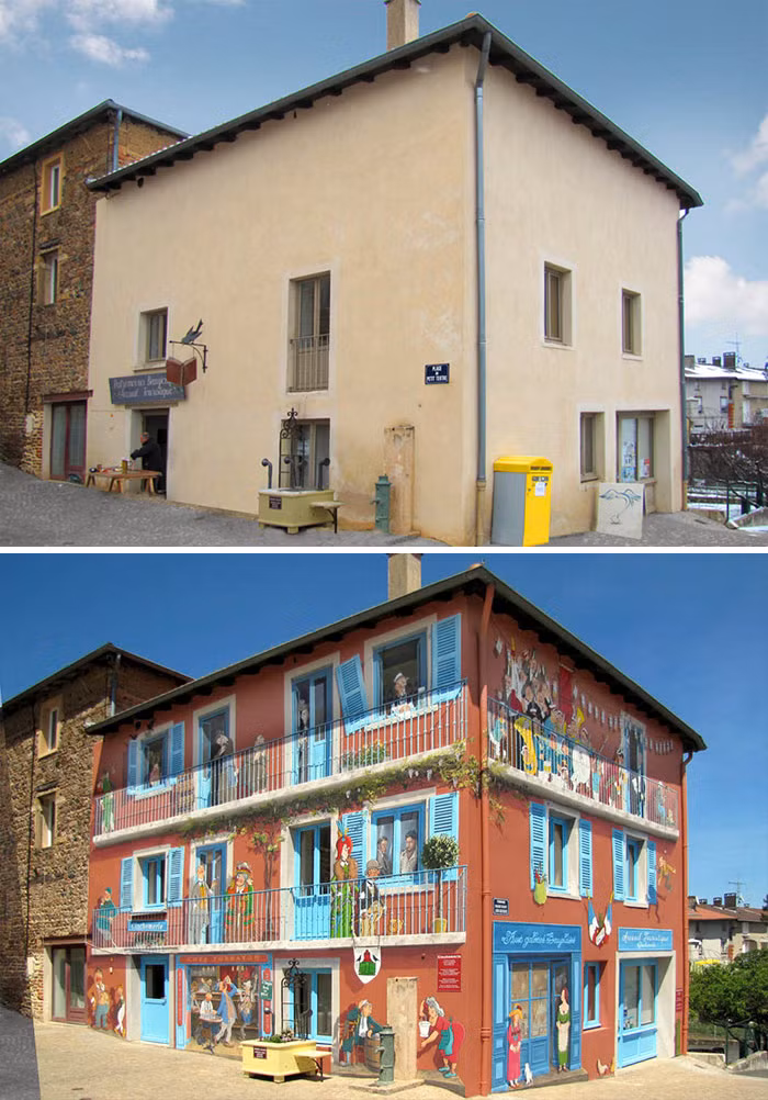 Hai bức tường đơn điệu của tòa nhà được biến hóa thành bức tranh sinh động và đầy màu sắc.