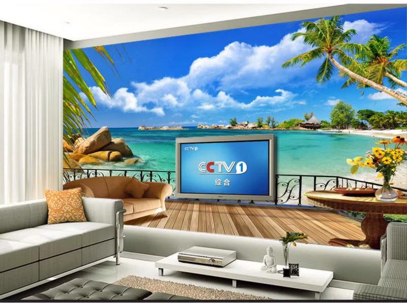 Phòng khách sáng sủa và mát mẻ hơn với bức tranh tường chủ đề biển cả.