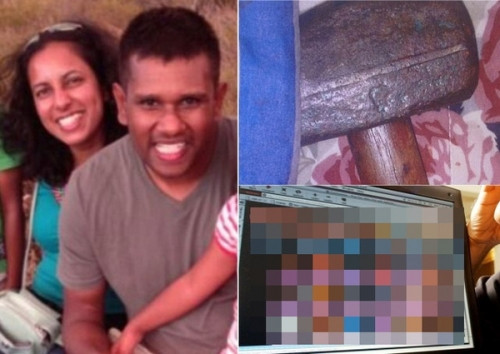 Bà Chamari Liyanage và chồng bên nhau khi còn mặn nồng. Bên phải là hung khí gây án.