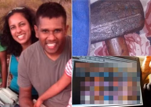 Bà Chamari Liyanage và chồng bên nhau khi còn mặn nồng. Bên phải là hung khí gây án.