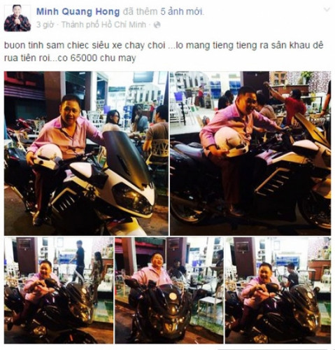 Tháng 4/2015, danh hài Minh Béo từng gây choáng cho cộng đồng mạng khi khoe chiếc mô tô với giá khủng 65.000 USD (1,4 tỷ đồng) trên trang cá nhân. Ảnh: Facebook Minh Béo.