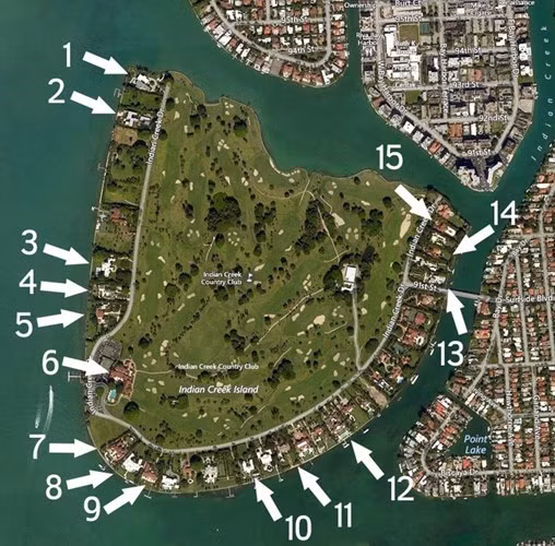 Indian Creek Village ở Biscayne Bay, Miami được mệnh danh là làng tỷ phú của Mỹ với toàn biệt thự của giới nhà giàu. Nơi đây chỉ có 86 cư dân và họ đều là những tỷ phú, doanh nhân có thế lực lớn hoặc những ngôi sao giàu có.