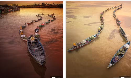 Những bức ảnh được chụp bởi nhiếp ảnh gia Fauzan Maududdin tại chợ nổi Baintan Lok ở Nam Borneo, Indonesia trong một ngày khi những thương nhân chèo thuyền đi mua những sản vật trái cây, rau củ của những người bán.