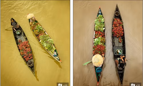 Những người mua bán và du khách đến chợ bằng thuyền. Họ tạo thành một chuỗi dài để thuyền máy kéo đi.