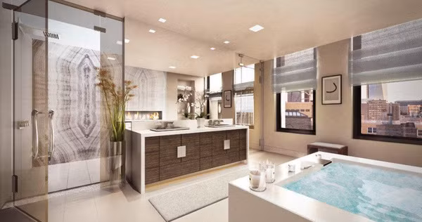 Phòng tắm sang trọng với một bồn tắm nước nóng mini dành cho Leo thư giãn sau những giờ làm việc căng thẳng.