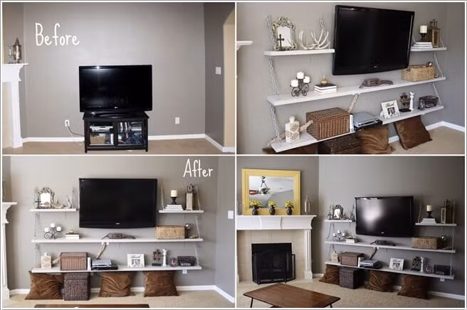 Phòng khách có những kệ đựng đồ sẽ giúp không gian sinh động và ấn tượng hơn rất nhiều.