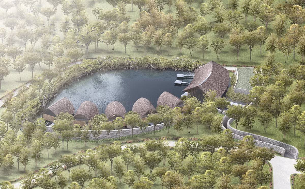 12 gian nhà tre của spa được bố trí theo hình vòng cung để tạo nên tòa nhà chính bao gồm các không gian như lễ tân, khu vực chờ và các phòng tư vấn cho trị liệu và làm đẹp chân.