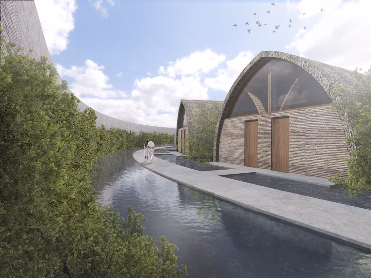 Những khung tre uốn được uốn cong hướng về giếng trời mở giúp không gian ngập tràn ánh sáng tự nhiên. Các không gian máy lạnh và ngoài trời được tách biệt bởi những tấm kính bảo vệ cùng những mái hắt tre làm mờ đi ranh giới giữa các không gian trong nhà và ngoài trời.