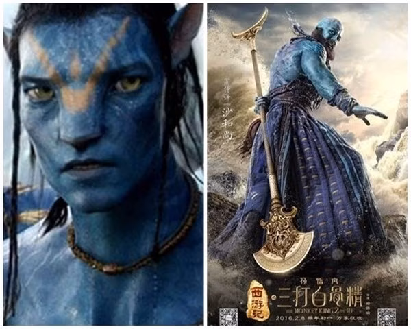 Tuy nhiên, điều khiến khán giả vô cùng bất ngờ và tranh cãi ở bộ phim điện ảnh 3D này là tạo hình ở một số nhân vật Tây Du Ký 2 có điểm nhang nhác nhân vật trong phim Hollywood và chẳng hề "sêm sêm" với các phiên bản đời trước. Ảnh: Trong khi đó thì Sa Tăng La Trọng Khiêm (phải) lại có tạo hình tương tự tộc người da xanh Navi trong bom tấn "Avatar".