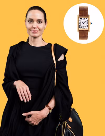 Angelina Jolie thường đeo chiếc Tank Louis của Cartier. Chiếc đồng hồ hàng hiệu này được chế tác từ vàng 18k ở phần thân cùng bề mặt tráng men sang trọng. Giá của chiếc Tank Louis hơn 9.000 USD (khoảng 200 triệu đồng).