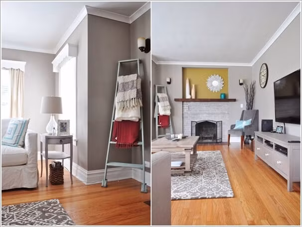 Một chiếc thang treo đồ cũng làm góc nhà bớt đơn điệu.