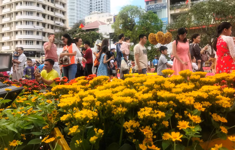 Du khách tham quan đường hoa Nguyễn Huệ bất kể ngày đêm trong những ngày qua.