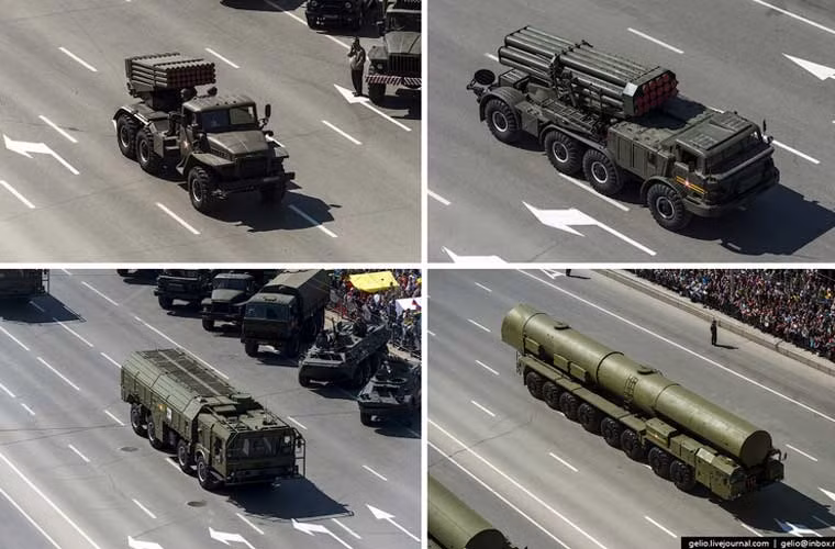 Ảnh (từ trái qua phải, trên xuống dưới): pháo phản lực phóng loạt Grad; pháo phản lực phóng loạt BM-27 Uragan; tổ hợp tên lửa đạn đạo Iskander-M; Topol.