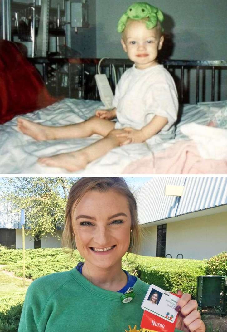 Cô gái này đã hai lần đánh bại bệnh ung thư. Khi lớn lên, cô quyết định học y tá và quay trở lại bệnh viện nơi cô điều trị thường xuyên để làm việc.