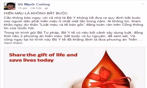 Ông Vũ Mạnh Cường, Vụ phó Vụ truyền thông thi đua khen thưởng, Bộ Y tế có thông tin lại và khẳng định: " Hiến máu nhân đạo là không bắt buộc". Ảnh: Facebook. Ông Vũ Mạnh Cường, Vụ phó Vụ truyền thông thi đua khen thưởng, Bộ Y tế có thông tin lại và khẳng định: " Hiến máu nhân đạo là không bắt buộc". Ảnh: Facebook.