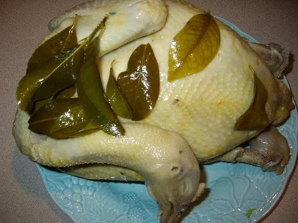 Cuối cùng đặt con gà lên trên cùng sao cho gà không chạm vào muối, đậy vung nồi lại rồi bắc lên bếp đun gà ở mức lửa vừa phải trong vài phút, cho đến khi trong nồi có nhiều hơi thì hạ lửa ở mức nhỏ nhất.