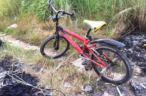 Chiếc xe đạp có khung màu đỏ được Công an phát hiện dựng cạnh thi thể nạn nhân.