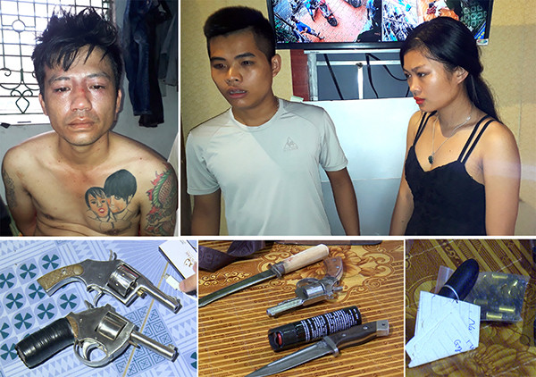 Các đối tượng Thọ, Hòa, Trang (từ trái sang), cùng tang vật bị cơ quan công an bắt giữ. Ảnh CAND. Các đối tượng Thọ, Hòa, Trang (từ trái sang), cùng tang vật bị cơ quan công an bắt giữ. Ảnh CAND.