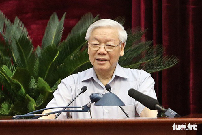 Tổng bí thư Nguyễn Phú Trọng phát biểu tại Hội nghị toàn quốc về công tác phòng, chống tham nhũng sáng 25-6 - Ảnh: Nam Trần.