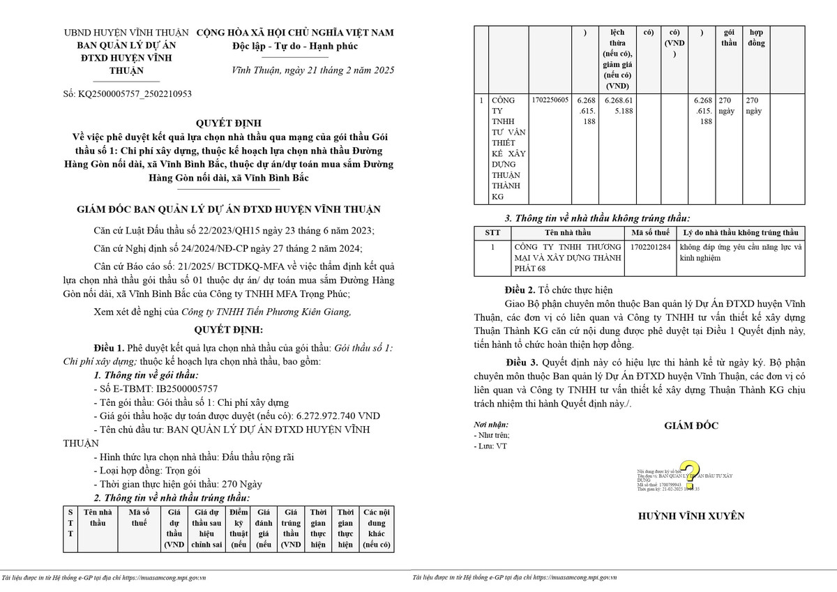 Kiên Giang: Cty Thuận Thành KG trúng 2 gói thầu lớn tại Vĩnh Thuận Kien Giang: Cty Thuan Thanh KG trung 2 goi thau lon tai Vinh Thuan