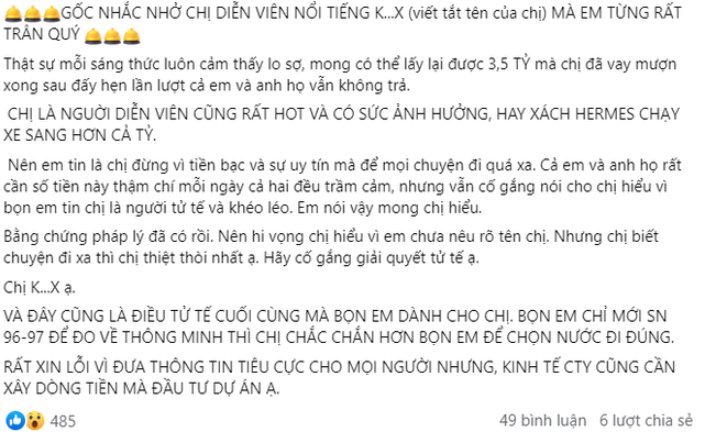 Chiều tối ngày 25/4, mạng xã hội xôn xao trước bài viết tố một nữ diễn viên có tên viết tắt là K.X nợ 3,5 tỷ nhưng hẹn mãi không trả. Ngay lập tức, netizen đồng loạt "réo tên" Kiều Trinh Xíu.