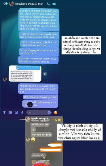Ngay sau đó người tố Kiều Trinh lại tung thêm bằng chứng là đoạn tin nhắn giữa Kiều Trinh Xíu với những người được cho là chủ nợ. Qua nội dung chia sẻ cho thấy cách nói chuyện của cô khá xấc xược, thậm chí còn chửi bới chủ nợ.
