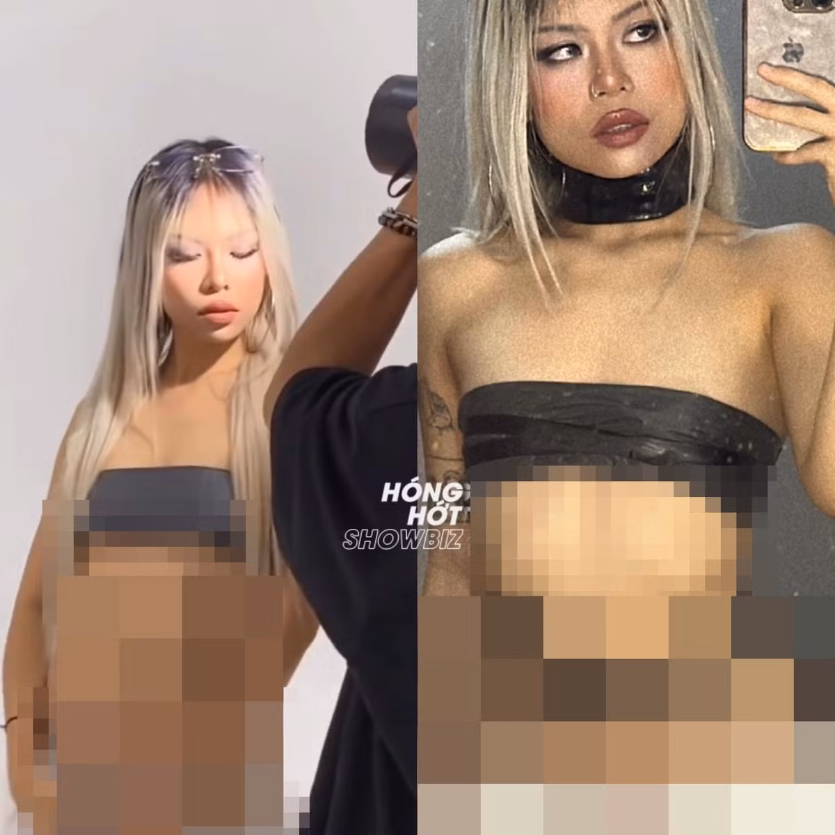 Hình ảnh cho thấy Tlinh chỉ diện chiếc áo quây đen và phần thân dưới cũng ăn mặc hờ hững, phản cảm.