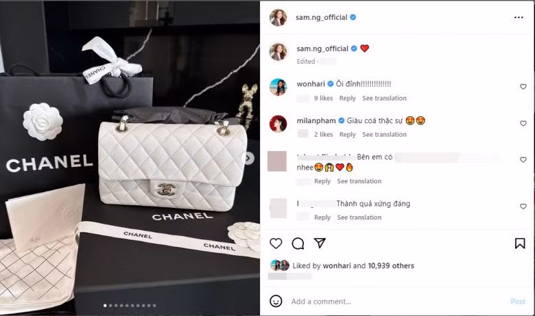 Mới đây, hot girl Sam khoe thành quả mua sắm hàng hiệu trên trang cá nhân, theo đó cô mua nhiều món đồ đến từ thương hiệu Chanel.