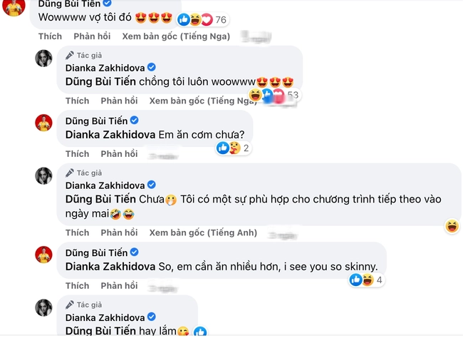 Bên dưới bài đăng về màn trở lại của vợ mẫu Tây, Bùi Tiến Dũng tự hào và trầm trồ về sắc vóc của vợ. Ngoài ra chàng thủ môn xứ Thanh lo lắng nhắc nhở bà xã: "Em cần ăn nhiều hơn. Anh thấy em gầy quá rồi".