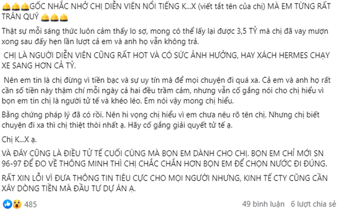 Theo bài đăng của người tố, Kiều Trinh Xíu nợ 3,5 tỷ đồng, hẹn hết lần này đến lần khác nhưng không trả. Người này còn bức xúc cho biết sao nữ sinh năm 1994 thường xuyên diện túi Hermes và chạy xe sang tiền tỷ.