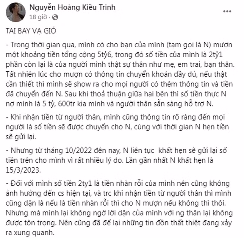 Trước sự việc, "hot girl vườn đào" đã lên tiếng trên trang cá nhân. Cô kể đã mang 5,6 tỷ đồng cho một người bạn tên N. mượn, trong đó có 2,1 tỷ của cô và còn lại của người thân như mẹ, em trai và bạn thân.