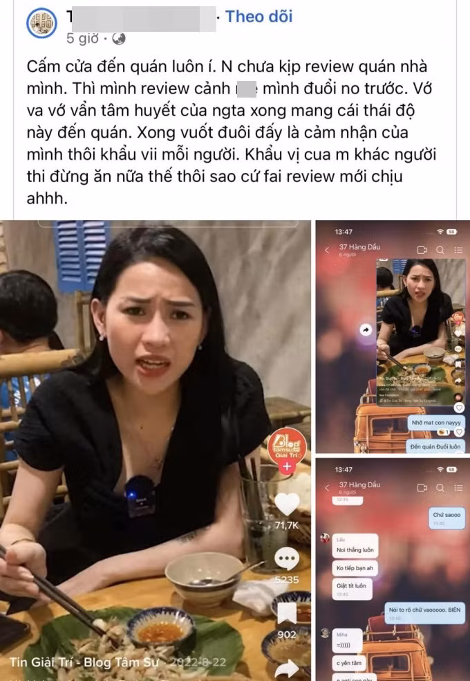 Trên MXH xuất hiện bài đăng của tài khoản có tên T.M.N - chủ một quán ăn tại Hà Nội. Người này quyết định cấm cửa Võ Hà Linh sau khi xem "chiến thần" oanh tạc hàng loạt quán ăn, đặc biệt là ồn ào sau khi thưởng thức quán bún đậu của Trang Khàn.