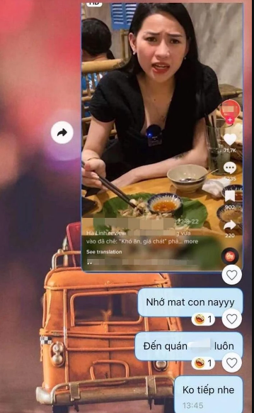 Chủ quán này đanh thép cho biết: “Cấm cửa đến quán luôn. Linh chưa kịp review quán nhà mình, thì mình đuổi trước. Vớ va vớ vẩn tâm huyết của người xong mang cái thái độ này đến quán. Xong vuốt đuôi đấy là cảm nhận của mình thôi khẩu vị mỗi người. Khẩu vị của bạn khác người thì đừng ăn nữa thế thôi sao cứ phải review mới chịu à”.