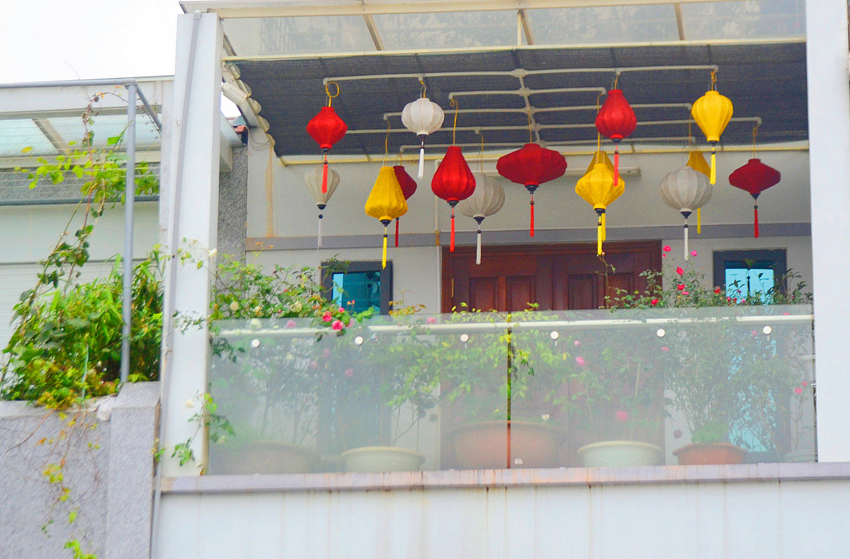 Một ban công được tô điểm bằng những chậu hoa hồng duyên dáng.