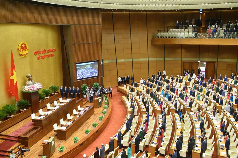 Các đại biểu Quốc hội thực hiện nghi Lễ chào cờ.