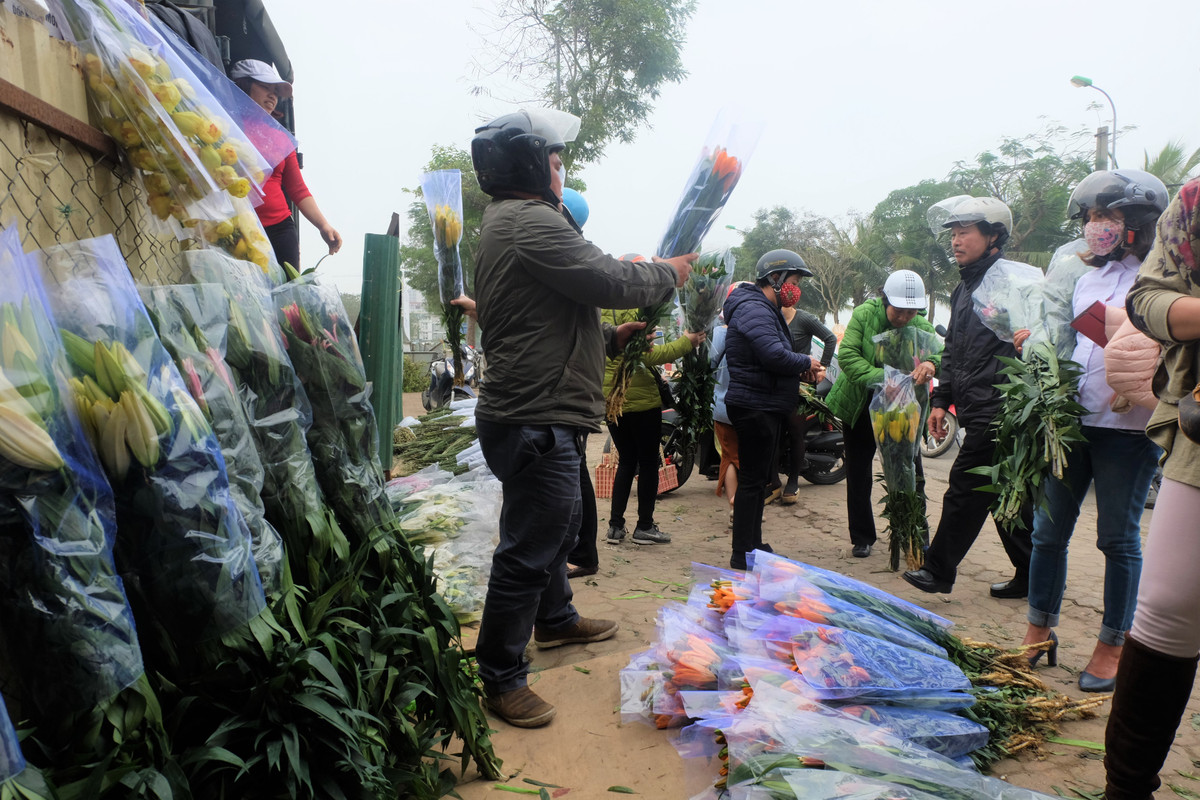 So với giá bán lẻ tại nhiều chợ, cửa hàng hoa, giá ly đổ đống ven đường rẻ hơn khá nhiều, vì thế, rất đông người dân đổ xô mua hoa cho dịp cúng Rằm tháng Giêng.