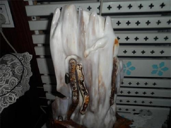 Sau khi đem về nhà và kiểm tra kỹ hơn, anh thấy gỗ hơi cứng và có tiếng kêu giòn khi gõ vào. Cảm thấy nó có thể được làm bằng ngọc bích, anh đã chụp ảnh đăng lên mạng hỏi ý kiến của mọi người. Nhiều người đều cho rằng đây chắc chắn là một món bảo vật quý hiếm.